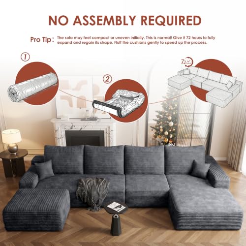 Image of Boneless Couch, Modular Sectional Couches for Living Room, U-Shaped Cloud Couch Sofa with Deep Seat, Fluffy Corduroy Upholstered Corner Sofa
