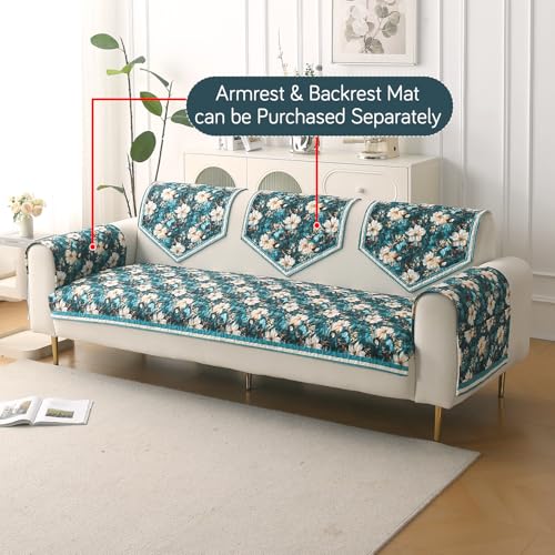 Image of HOKIPO 'Florentina Series' Premium Holland Velvet 5 Seater Sofa Cover Mat in 3+1+1 Configuration with Foam Filling for Extra Softness, Anti-Slip Backing, Pansies Teal (IN-881+878 * 2-V5)