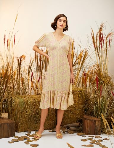 Image of Amazon Brand - Eden & Ivy Women's A-Line Crinkled Rayon Empire One Piece Midi Length Tiered Dress (Available in Plus Sizes)