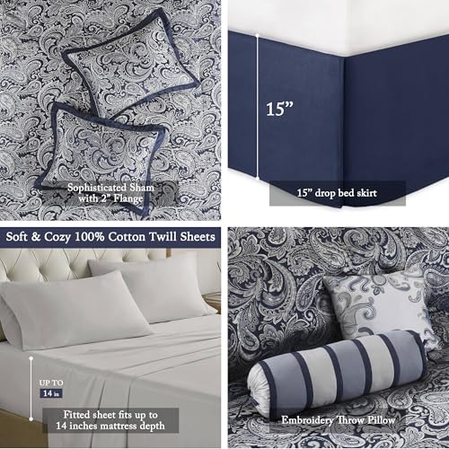 Image of Madison Park Aubrey Cozy Comforter Set, Faux Silk Jacquard Paisley Design - All Season Down Alternative Bedding with Cotton Bed Sheets, Bed Skirt & Toss Pillows, California King Navy 12 Piece
