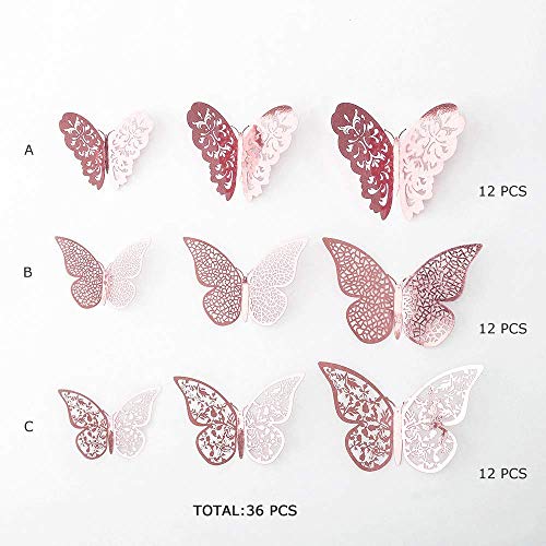 JUN-H 36 Stücke 3D Schmetterling Dekorationen Schmetterling Aufkleber DIY Wandkunst Aufkleber Schlafzimmer Baby Dekor Abziehbilder Abnehmbare Dekorative Papier Wandbilder (Rose Rot)