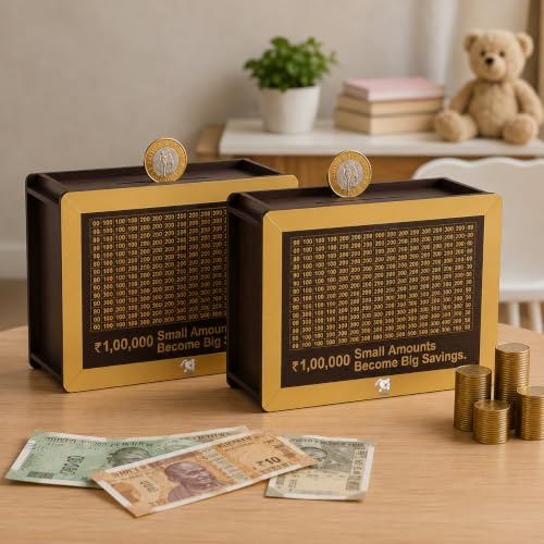 Image of Money Saving Box for Kids and Adults | Wooden Money Bank with Lock | Big Size Piggy Bank 2 Lakh Target | 1 Lakh Saving Box with Numbers | Undiyal Hundi Pig (Golden) (Brown, Pack of 2)