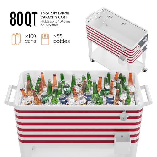 Image of VINGLI Rolling Ice Chest, Portable Patio Party Bar Drink Cooler Cart, with Shelf, Beverage Pool with Bottle Opener