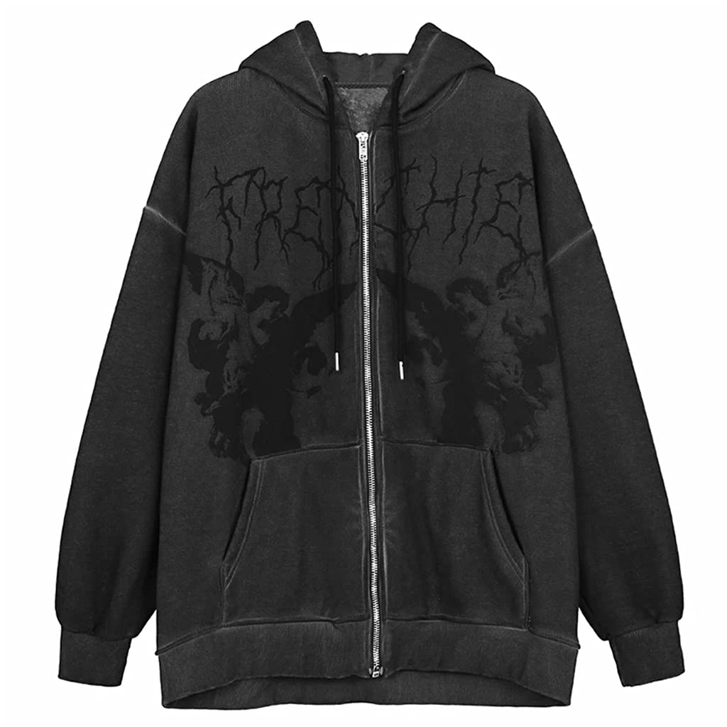 Felpa con cappuccio da donna, a maniche lunghe, con stampa gotica, punk, angelo, oversize, con cerniera, stile hip hop
