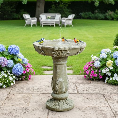 Image of SunJet 23.6 inch Outdoor Fibre Reinforced Concrete Birdbath, Bird Bath with Vintage European Leaf Pattern Pedestal for Outdoor Garden, Yard, Lawn Decor