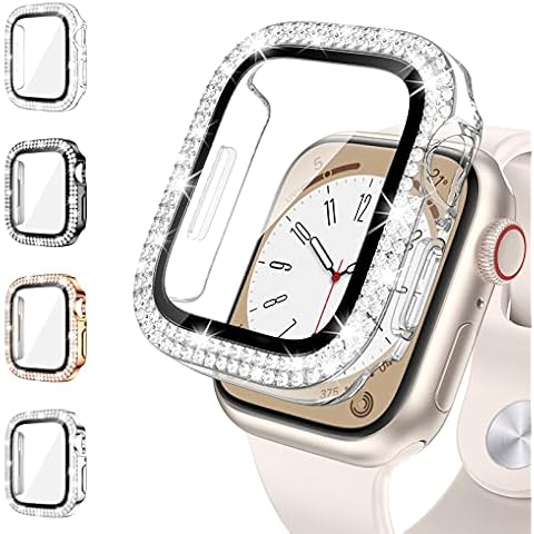 [4 Pack]HWeggo Bling Case for Apple Watch Series 8/7 Screen Protector 41mm,Glitter Rhinestone Cover Bumper with Tempered Glass Protective Film for iWatch Series 8/7(Clear, Black, Rose gold, Silver) Cover