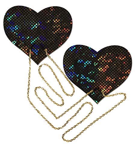 Pastease Nipple Pasties - Black Shattered Disco Ball Heart with Gold Chains - Aesthetic Outfit Accessory for Valentine s or St. Patrick s Day | Festival Rave EDM Party or Club