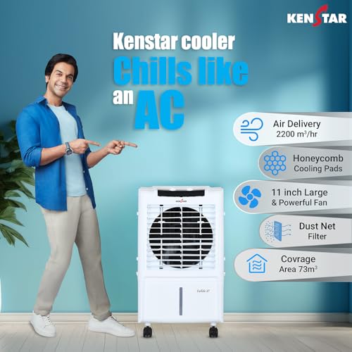 Kenstar TallDe HC 27 L Room/Personal Air Cooler For Home| Honeycomb Pad |High Speed Fan |35 Ft Powerful Air Throw|Inverter compatible |Portable Cooler-Room|1-Yr Product Warranty|White & Black view 2