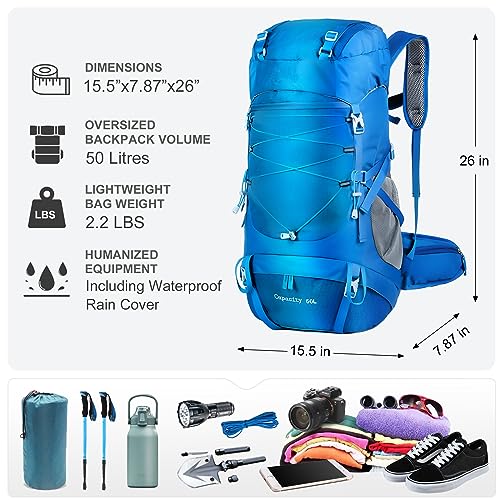 WTVIDAS 50L Lightweight Hiking Backpack Backpacking for Women and Men with Rain Cover,Outdoor Sport Travel Daypack for Climbing Touring(blue)
