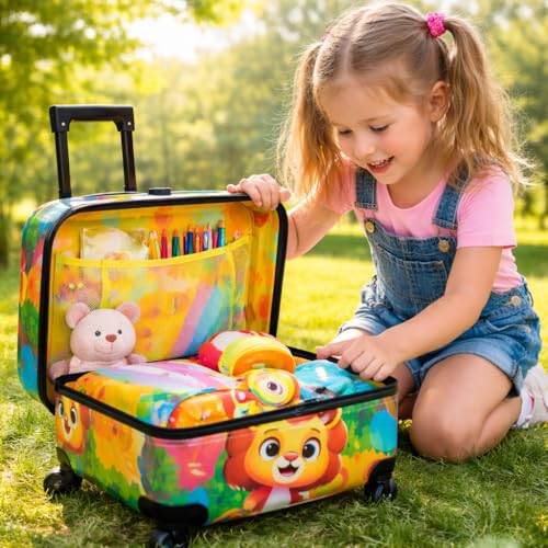 Image of Kids Travel Trolley Suitcase, Lightweight Hard Shell Cabin Luggage for Boys & Girls, Cute Lion Design Rolling Suitcase with 360 Spinner Wheels