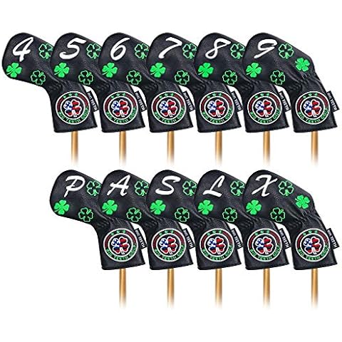 Big Teeth Golf Iron Covers Iron Head Covers, Lucky Clover Iron Covers Long Neck Golf Iron Head Covers, 11Pcs Golf Iron Covers Set Golf Club Covers for Irons Fit Taylormade SIM Cleveland Callaway Etc Cover