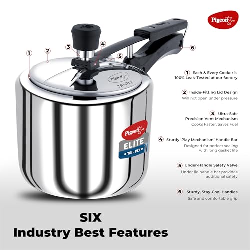 Image of Pigeon by Stovekraft Elite Shine 3L Tri-Ply Body Inner Lid Pressure Cooker Induction and Gas Stove Compatible that Distributes Heat Evenly for Uniform Cooking (Silver)