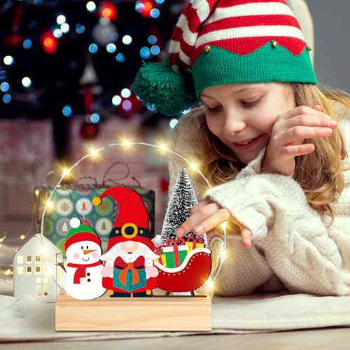 Yousoontic Christmas Tabletop Decoration, 10 Interchangeable Wooden Gnome Decor DIY Wooden Pre Lit Xmas Ornament with Metal Frame Holiday Halloween Thanksgiving Seasonal Decoration