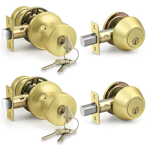 Probrico Gold Front Entry Door Locks with Deadbolt Sets, Keyed Alike Exterior Door Knobs with Deadbolt Sets, 2 Pack