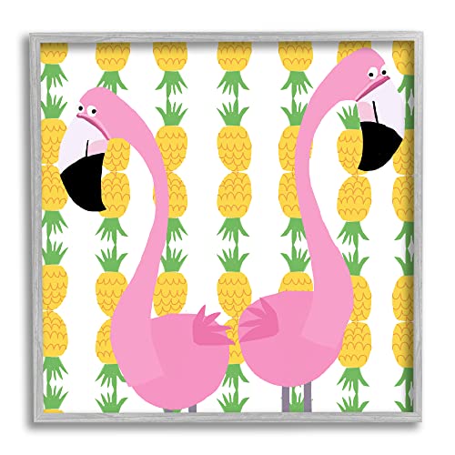 Stupell Industries Kids' Pink Flamingo Pair Pineapple Stripe Pattern Grey Framed Wall Art, 12 x 12