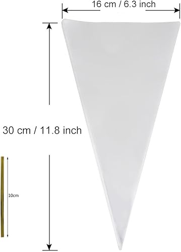 Miniatura 9 de Bolsas de cono transparente, 100 bolsas de celofán triangulares transparentes con lazos dorados para dulces de Navidad, palomitas de maíz, hechas a