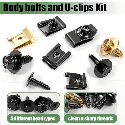 Image of 60Pcs U-Nut Clips and Body Bolts Screws Assortment Kit, 10 Sizes Auto Car U Clips Fender Liner Screw for Most Cars Bumper Engine Splash Shield