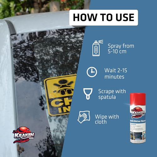 Image of KRAKEN BOND Label & Sticker Remover Spray - (12x5oz) Quick-Dissolve Adhesive Remover Spray with Citrus Scent, Removes Tar, Tape & Bumper Stickers on Multiple Surfaces, No Damage to Paint, 12 Pack