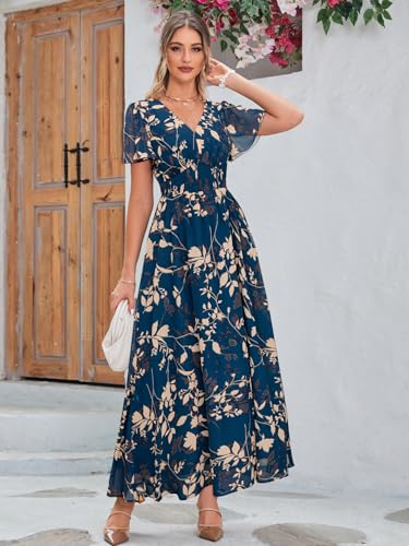 Image of Simplee Women's Boho Floral Maxi Dress Flowy Casual V Neck Short Sleeve Wedding Guest Holiday Beach Long Dress