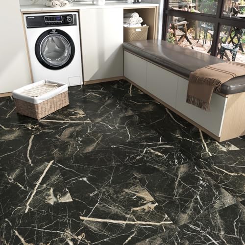 LIKILIKI Black Marble Peel and Stick Floor Tile Waterproof Vinyl Sheet Flooring for Bathroom Marble Black Floor Tiles Self Adhesive Laminate Flooring Sticky Tiles for Kitchen Bedroom 12''x12'' 5PCS