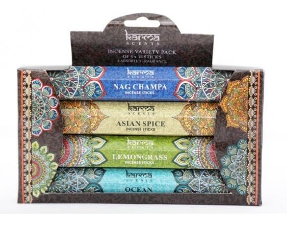 Karma Scents Incense Variety Pack – 4 Fragrances: Nag Champa, Asian Spice, Lemongrass & Ocean – 56 Sticks Total – Aromatherapy Gift Set – Meditation, Relaxation, Home Fragrance