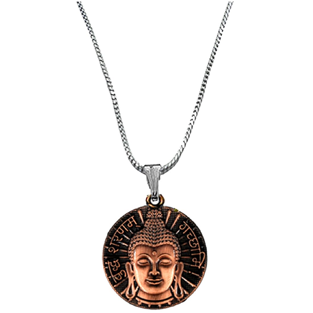 Buddham Sharanam Gachchami Copper Lord Buddha Pendant Necklace with Metal Charm, Snake Chain, S-Hook Closure