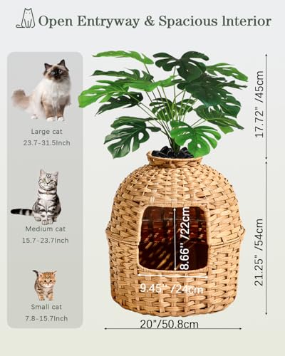 Image of SETVSON Cat Litter Box Enclosure Plant Cat Litter Box Furniture with Artificial Plants, Large Hidden Handwoven Rattan with One Mat, Odor Control Filter, PVC Film, Real Stones, Stylish Decor, Natural