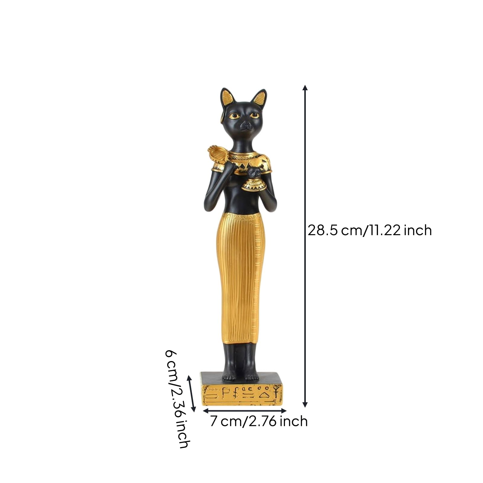 Statua Decorativa Gatto Bastet Ornemento in Resina con Accenti Dorati E Slanciata Base Rettangolare Stile per Interno Ufficio Studio Adatta a Ripiani Consolle Librerie 28.5cm