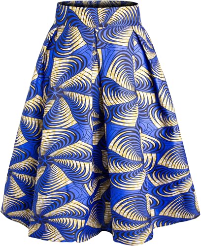 Women's Afriacn High Waist Vintage Skirt Ankara Pleated Midi Skirt with Pockets