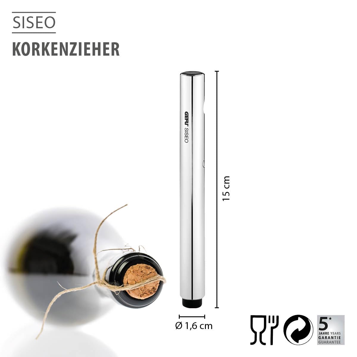 GEFU Korkenzieher SISEO | 2-in-1 Flaschenöffner mit Kapselheber & Edelstahlspindel | Schlankes Design, platzsparend & ergonomisch | Für Weinliebhaber