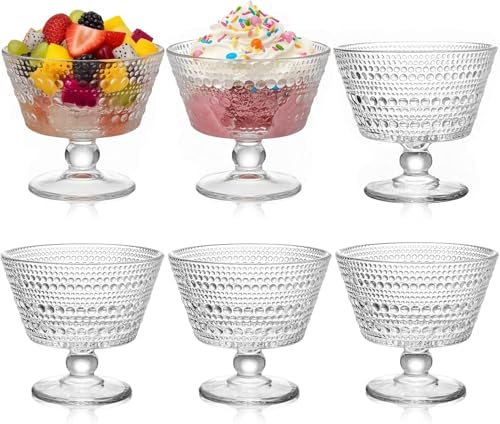 ZOOFOX 6 Pack Glass Ice Cream Bowl Set, 9 oz Footed Fruit Parfait Cups, Embossed Design Glass Dessert Bowls for Sundae, Ice Cream, Smoothie, Fruit, Salad, Yogurt, Cocktail, Snack