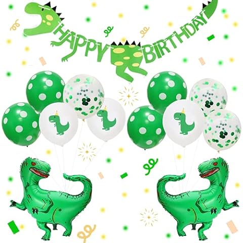 Ancoo Dinosaur Party Supplies-1 Pcs Happy Birthday Dinosaur Banner with 10 Dinosaur Balloons+ 2 Pcs Big Aluminum Dinosaur Balloon for Dinosaur Theme Party Cover