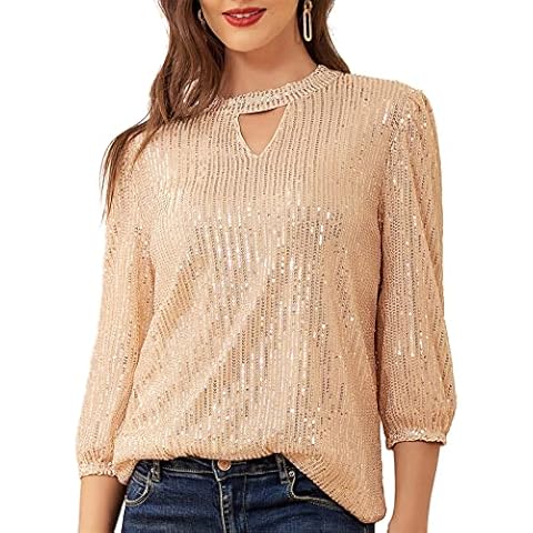 JASAMBAC Elegant Keyhole Neck Tops for Women Sparkle Sequin Tops Cocktail Party Casual Blouse Rose Gold L Cover