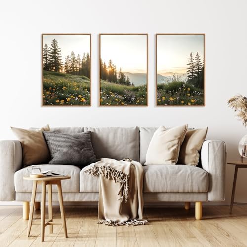 HPNIUB Mountain Canvas Wall Art Set, Framed Forest Nature Wall Decor, 3 Piece Landscape Paintings Artwork, 16x24 Inches Wildflower Pictures for Living Room, Bedroom, Office - 2