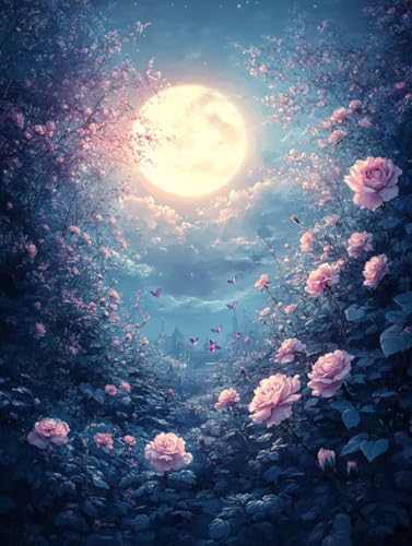 Peinture Numero Kit Point de Croix et peinture diamant lune fleur pour adulte 90x120cm