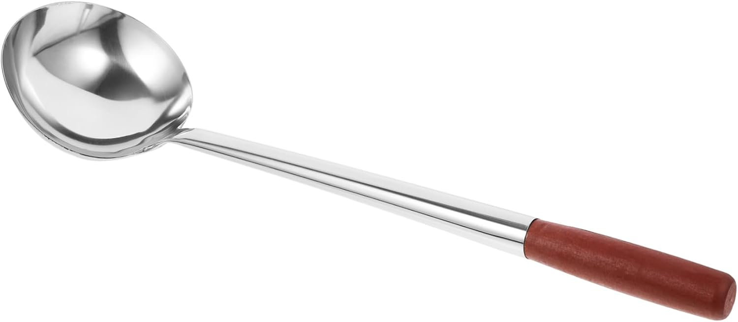 Stainless Steel Cooking Spoon Wooden Handle Long Handled Utensil for Wok Soup