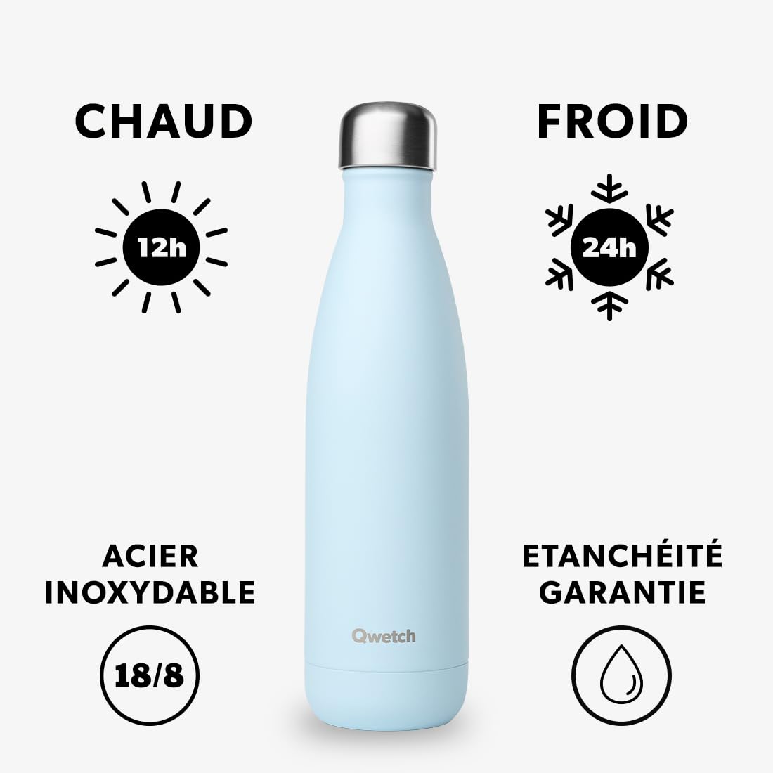 Qwetch, Insulated Originals Bottle -Pastel Blue 500ml, Stainless Steel Water Bottle, 24h Cold and 12h Hot, Leakproof - Image 2