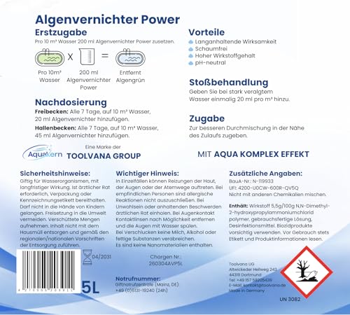 Aquakern Algenvernichter Power 5L [mit Aqua KLAR KOMPLEX] entfernt Grünbelag | Algizid bei Grünalgen | Für mehr als 250.000 Liter | Schaumfreier Algenverhüter | Algenschutz für Pool | Made in Germany