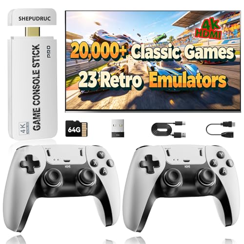 Wireless Retro Gaming Console, Plug & Play Retro Game Console Stick Built-in 20,000+ Classic Games and 23 Emulators with 4K HDMI Output and Dual 2.4G Controller（64GB Memory Card）
