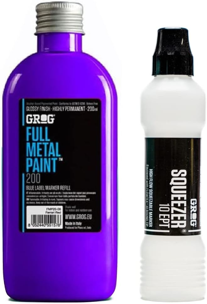 Graff-City Grog Full Metal Paint & Squeezer 10 EPT - 10mm Mop Marker & Gloss Permanent Paint Refill 200ml (Death Black)