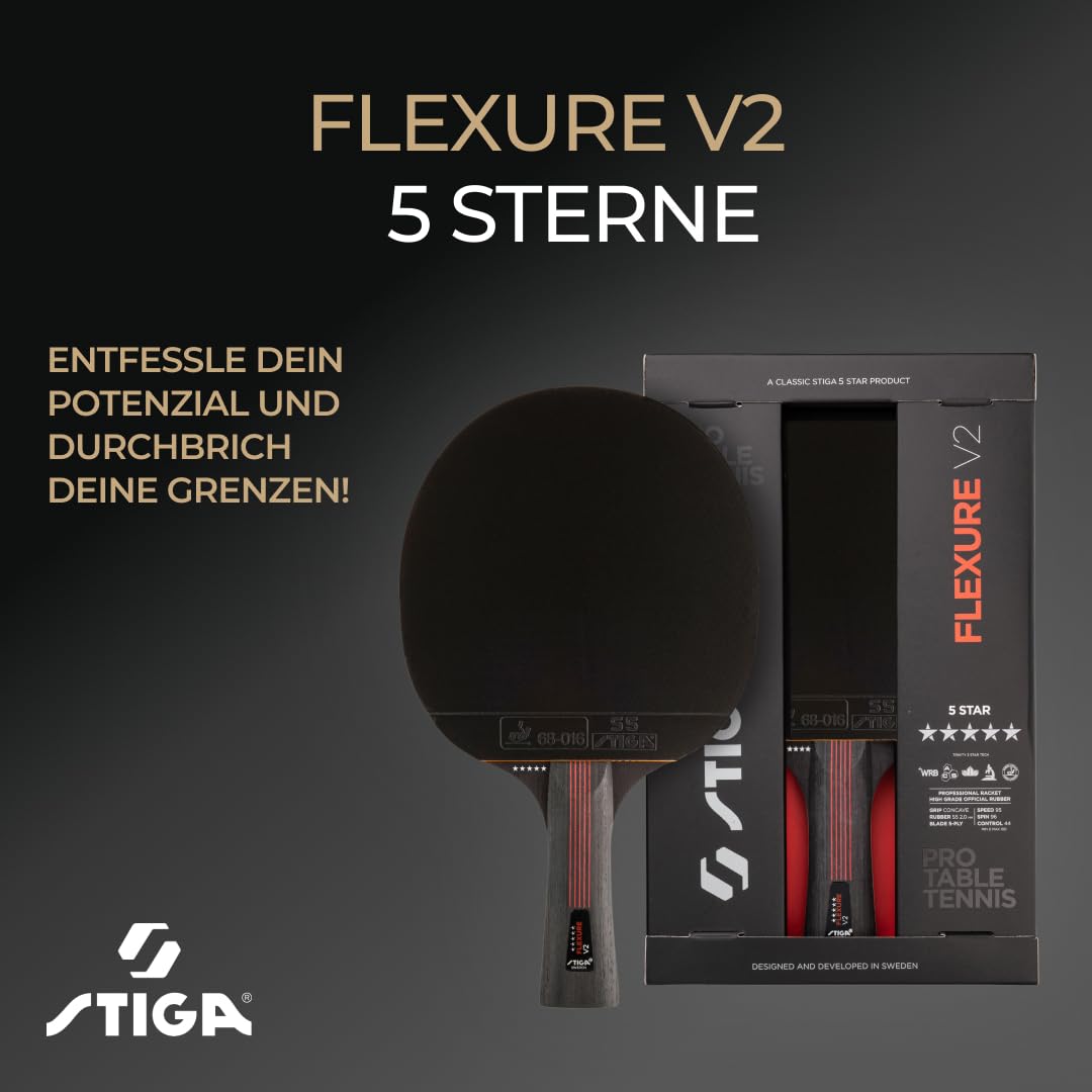 STIGA Flexure V2 Tischtennisschläger – 5 Sterne Tischtennisholz, ITTF-zugelassener STAR5-Belag, ergonomischer Griff – für Offensive Spieler, Schwarz
