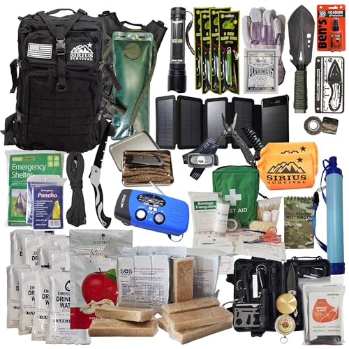 Sirius Survival Bug Out Bag - Premium Bugout Backpack Pre-Packed Survival Kit - Ultimate 72 Hour Backpack Survival Kit - Comprehensive Survival Items - Go Bag Emergency (Black)