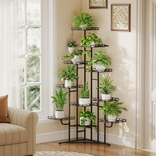 Image of Quikraen 58 inch Tall Plant Stand Indoor,Multiple Tiers Corner Plant Shelf for Corner,10-Tier Large Metal Flower Holder, Plant Rack for Home Decor, Patio (Black)
