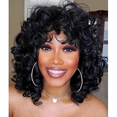 PORSMEER Black Curly Wigs for Women Synthetic Hair Natural Loose Curly Afro Kinky Medium Wavy Bob Wig Black Women for Costume or Daily Wear