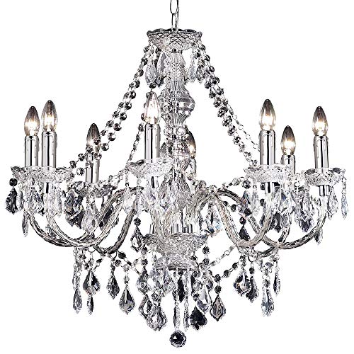 Image of Ceiling Chandelier Pendant Light –Chrome & Clear Acrylic– 8X 60W E14 Bulb Vintage Candelabra Feature Lamp Holder Lighting Kit – Premium Height Adjustable Hanging Lighting Kit with Chain & Rose