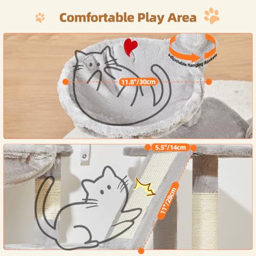 Image of Taoqimiao Cat Tree, 38.5In Cat Tower for Indoor Cats, Suitable for Kittens | Thick Padded Top Perch, Luxurious Cat Condo, Adjustable Basket, 1-Piece Ramp Scratcher, 3 Sisal Posts, Light Gray, MS029SW