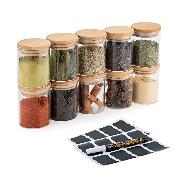 Deco Haus Luchtdichte Voorraadpot met Bamboe Deksels, Set van 10 Potten voor Specerijen, Suiker, Koffie, Thee, Kruiden…