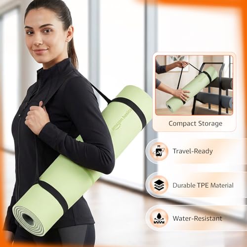 Image of Amazon Basics TPE Yoga & Exercise Mat with Carrying Strap | 8 mm Thick | Non-Slip Grippy Surface | Eco-Friendly Rubber-Like Material | Floor Protection | Ideal for Yoga, Pilates, Stretching & Meditation | 180 x 60 cm | Dark Green & Light Green