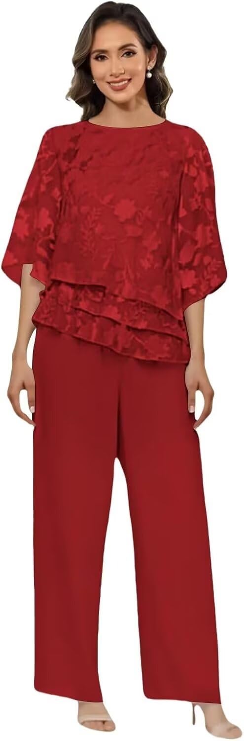 2 Pieces Mother of The Bride Pant Suits for Wedding Floral Chiffon Half Sleeve Ruffle Pantsuits for Women