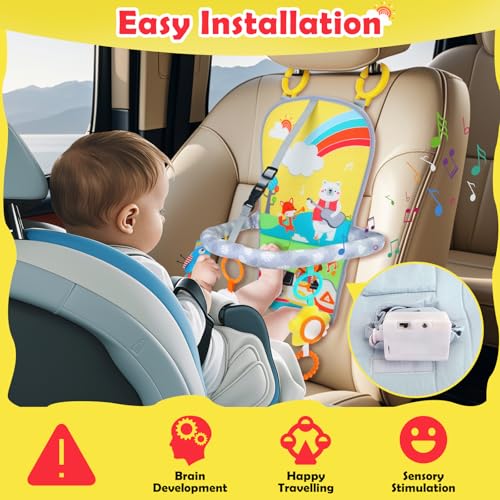 Image of Baby Car Seat Activity Toy for 6+ Months - Rear Facing Travel Toy with 2-Level Volume Music, Teether & Plush Toys, Adjustable Arch for Infants
